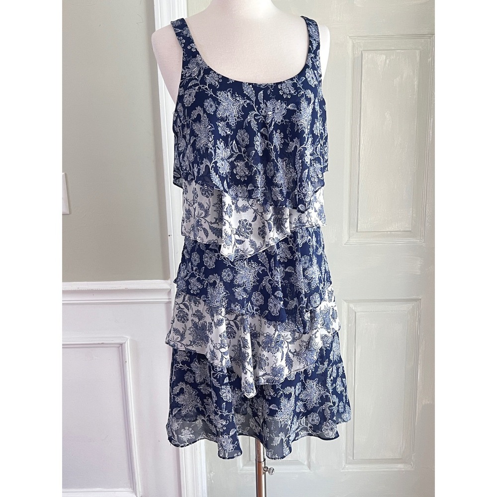 Bethany Tiered Dress 8 Womens Floral Paisley Ruffle Mini Navy Blue Cottagecore